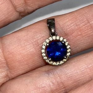 Sterling Silver Pendant Round Lab Blue Sapphire CZ Halo Charm KRN 925